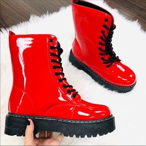 Red patent leather combat boots